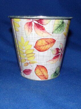 Vintage Metal Tin Pail Style Planter Plant Pot Holder - Fall Leaves Design